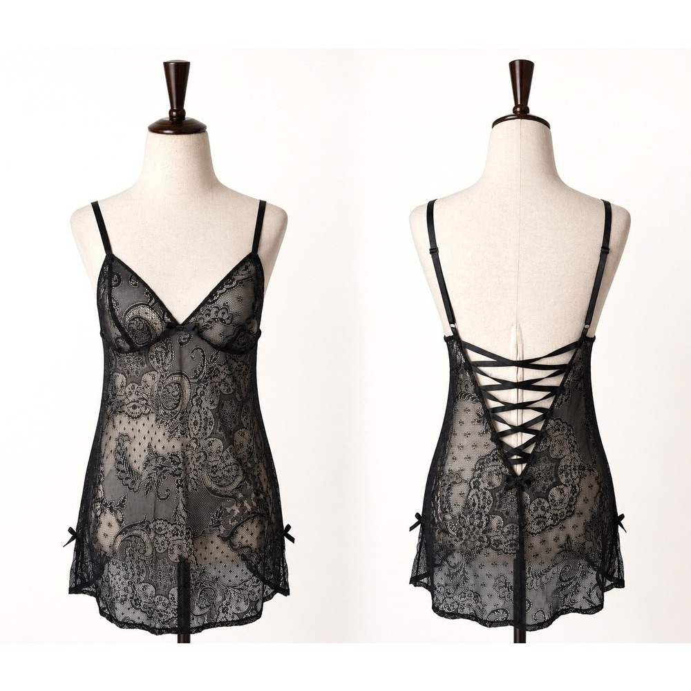 Victoria's Secret Chemise Women Medium Black Sheer Lace Corset Back Coquette